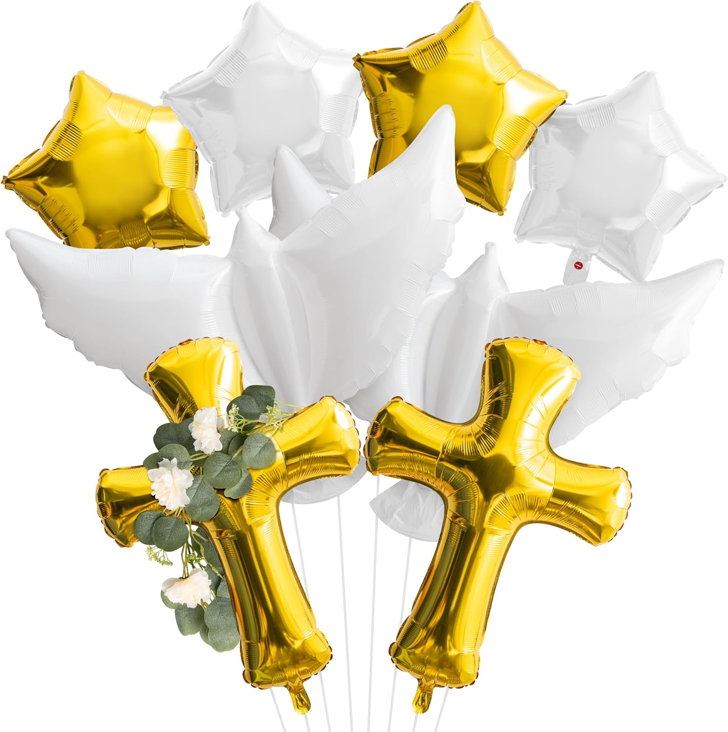 Xqumoi Religious Foil Balloons Party Decoration - 8Pcs Cross White Dove Aluminum Balloons Eucalyptus Vine for Baptism First Communion Party Supplies God Bless Christening Memorial Baby Shower (Gold)